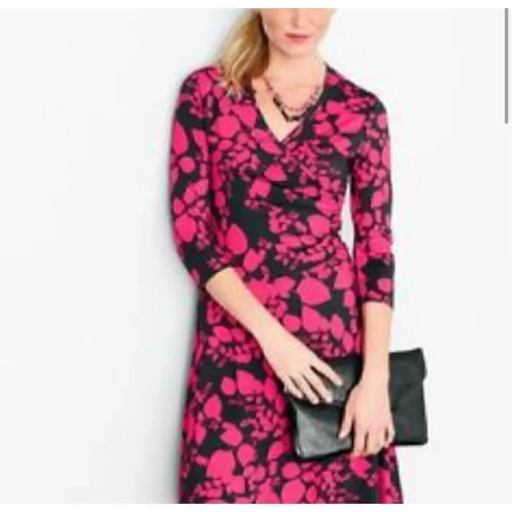 Garnet Hill Brianna Wrap Dress Pink Gray Floral Floral Print 3/4 sleeves M